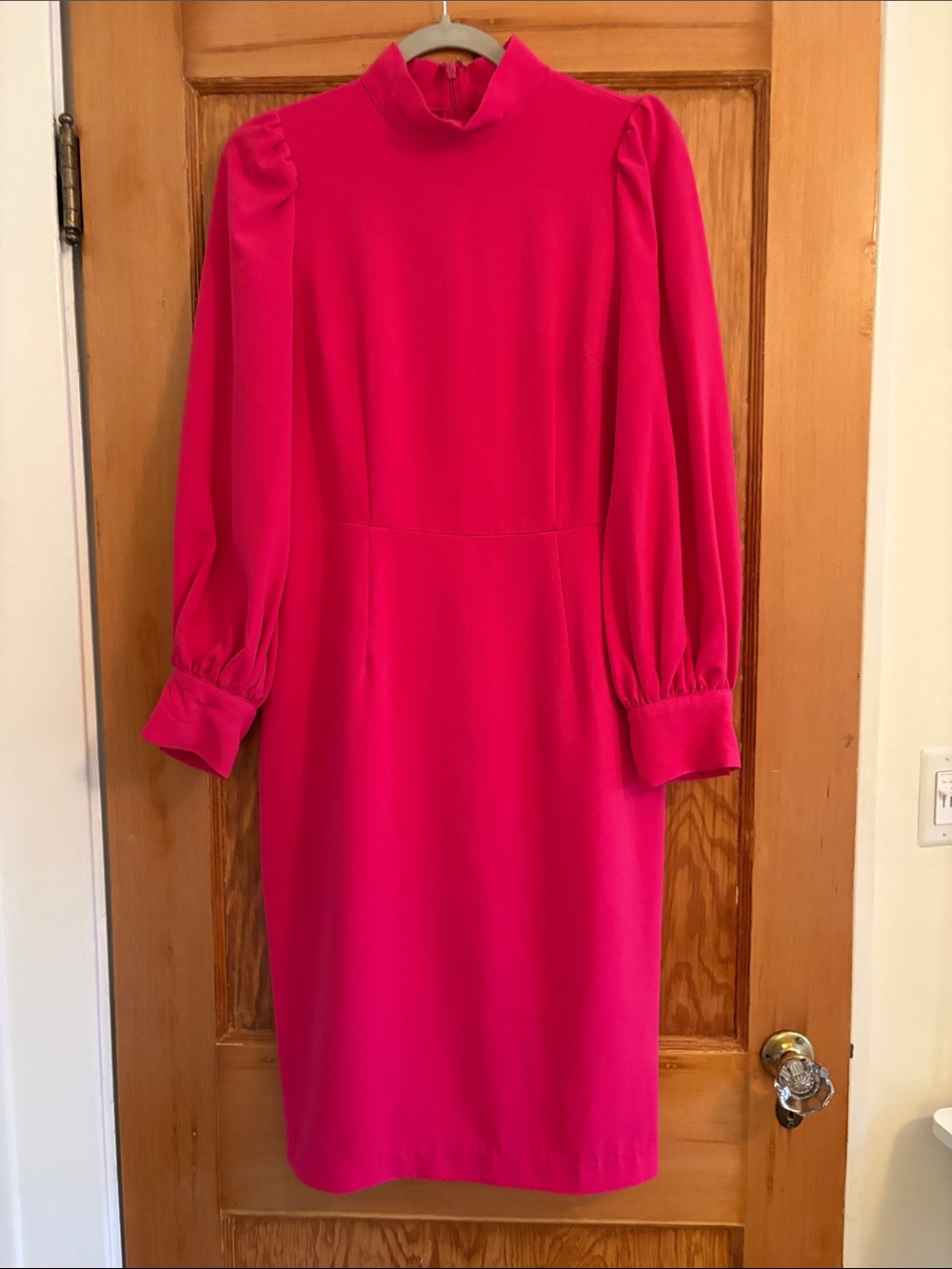 High-Neck Hot Pink Long Sleeve Midi Dress